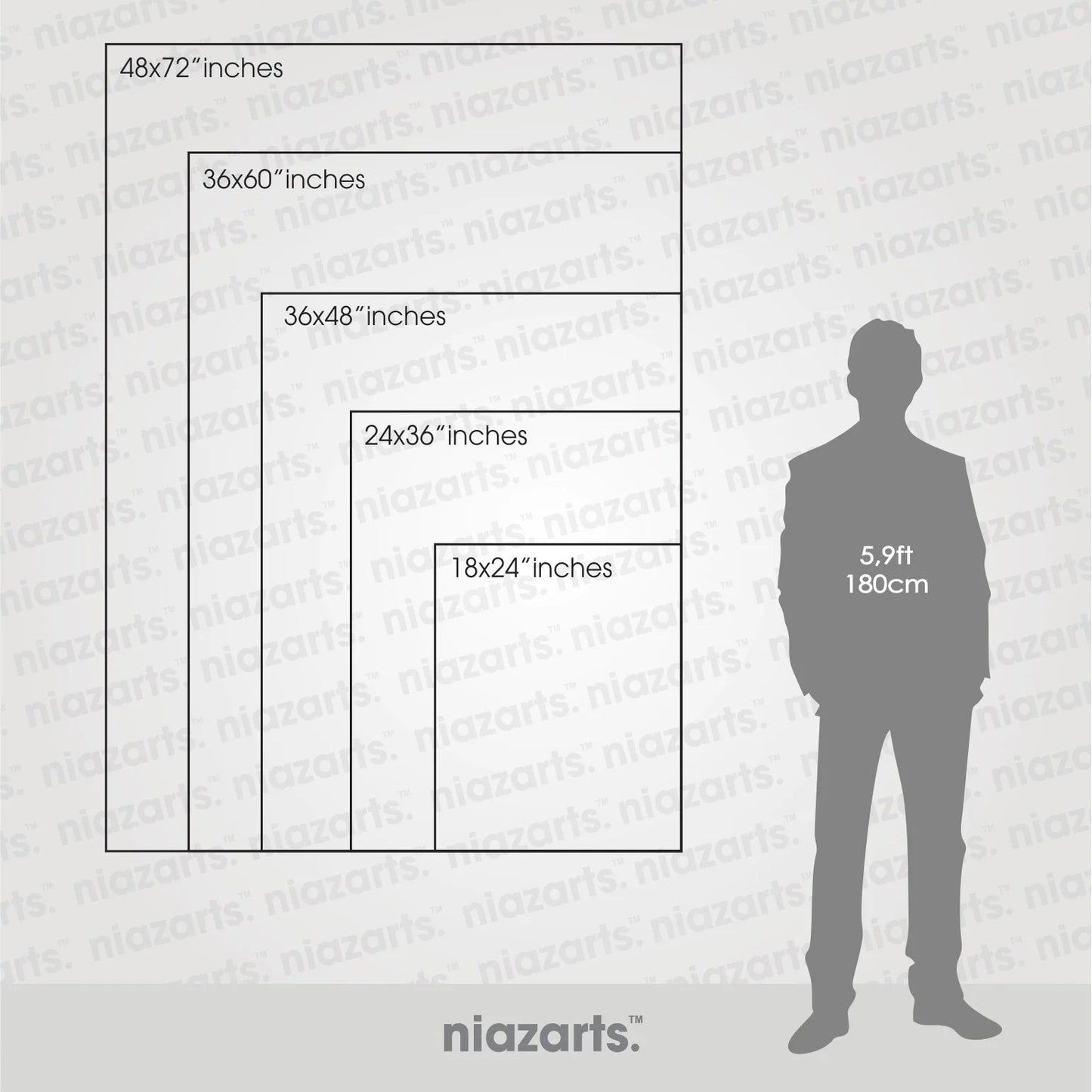 Niazarts vertical size chart with various dimensions and a silhouette of a person for scale.