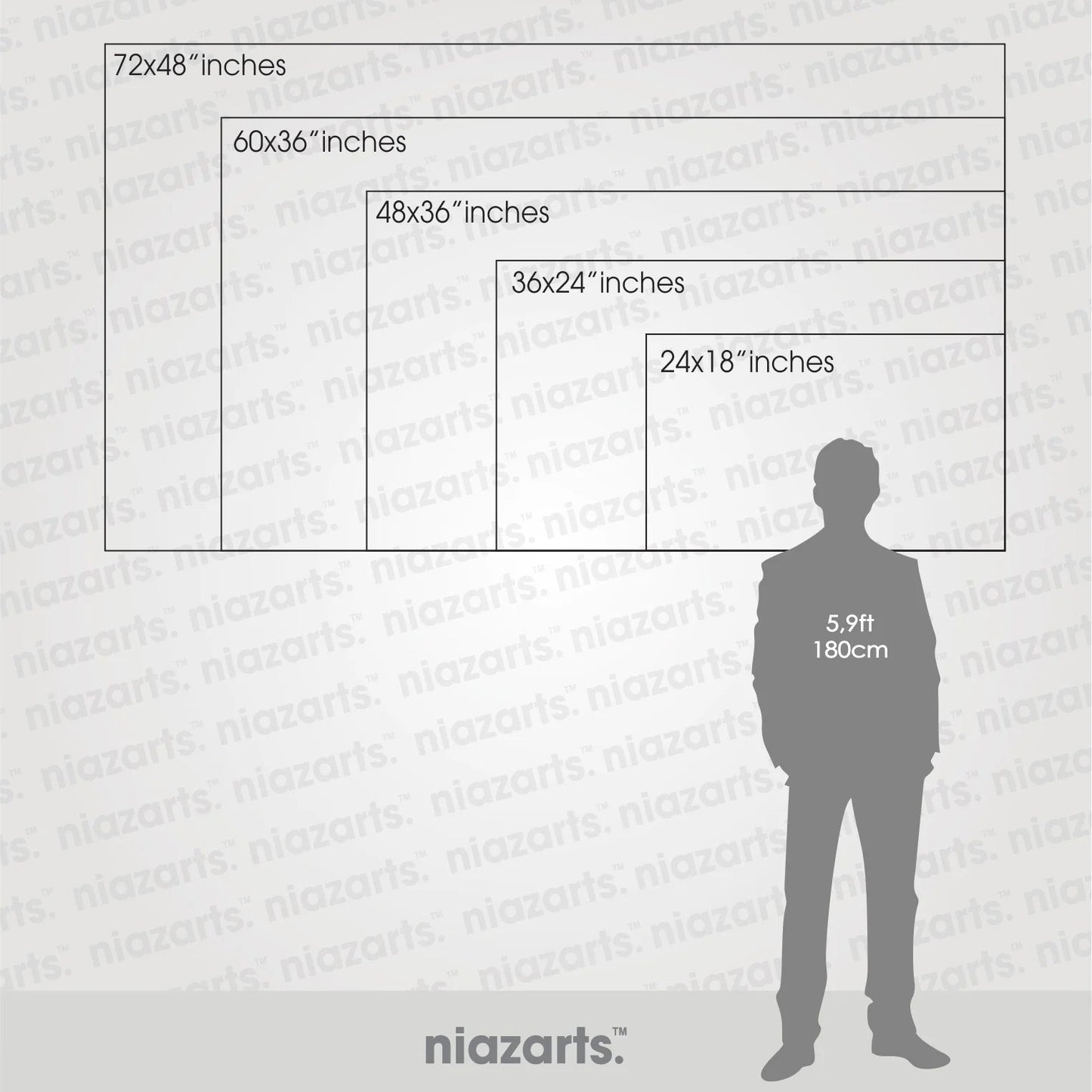 Niazarts measurement horizontal chart showing various poster dimensions with a silhouette of a person for scale.