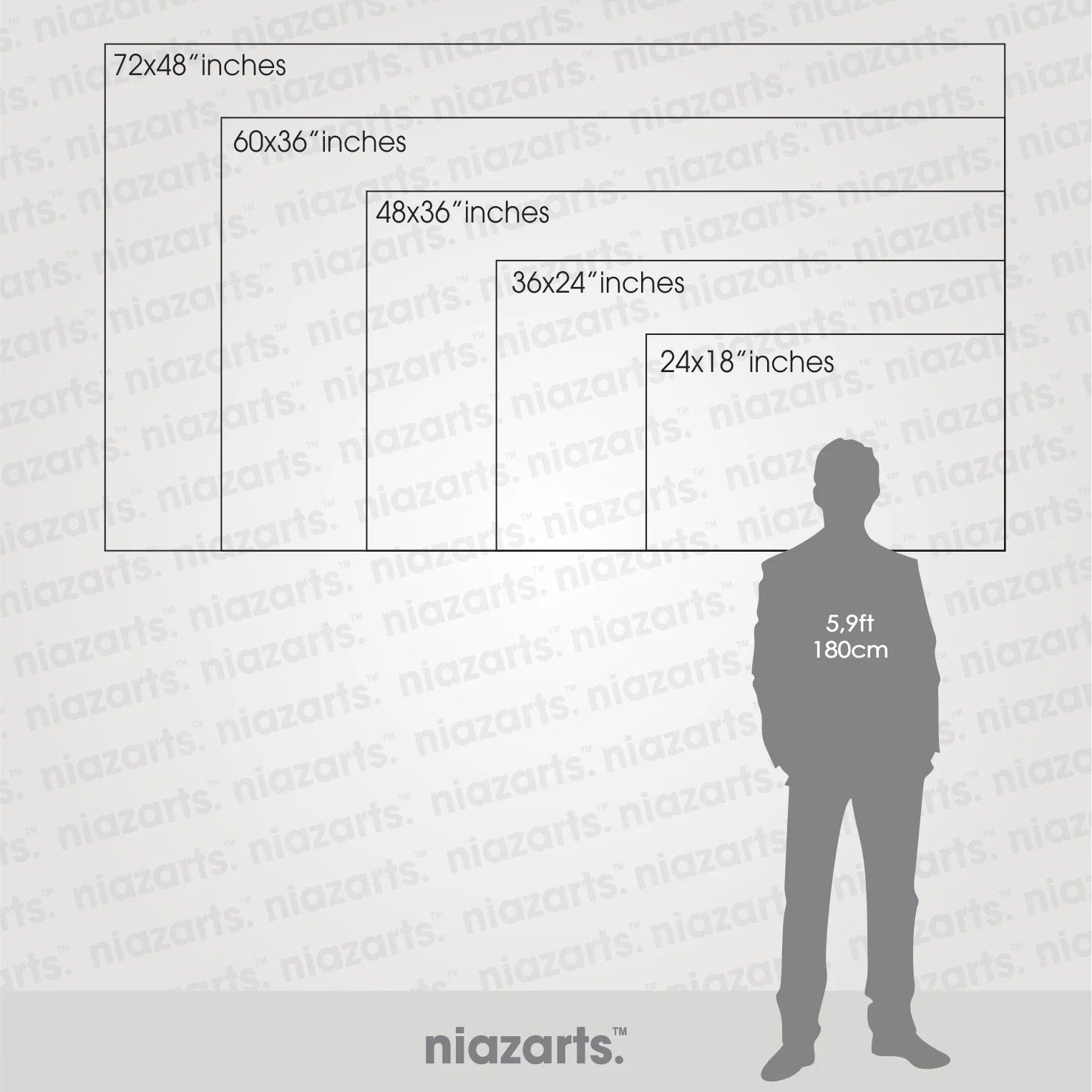 Niazarts measurement horizontal chart showing various poster dimensions with a silhouette of a person for scale.