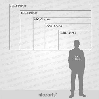 Niazarts measurement horizontal chart showing various poster dimensions with a silhouette of a person for scale.