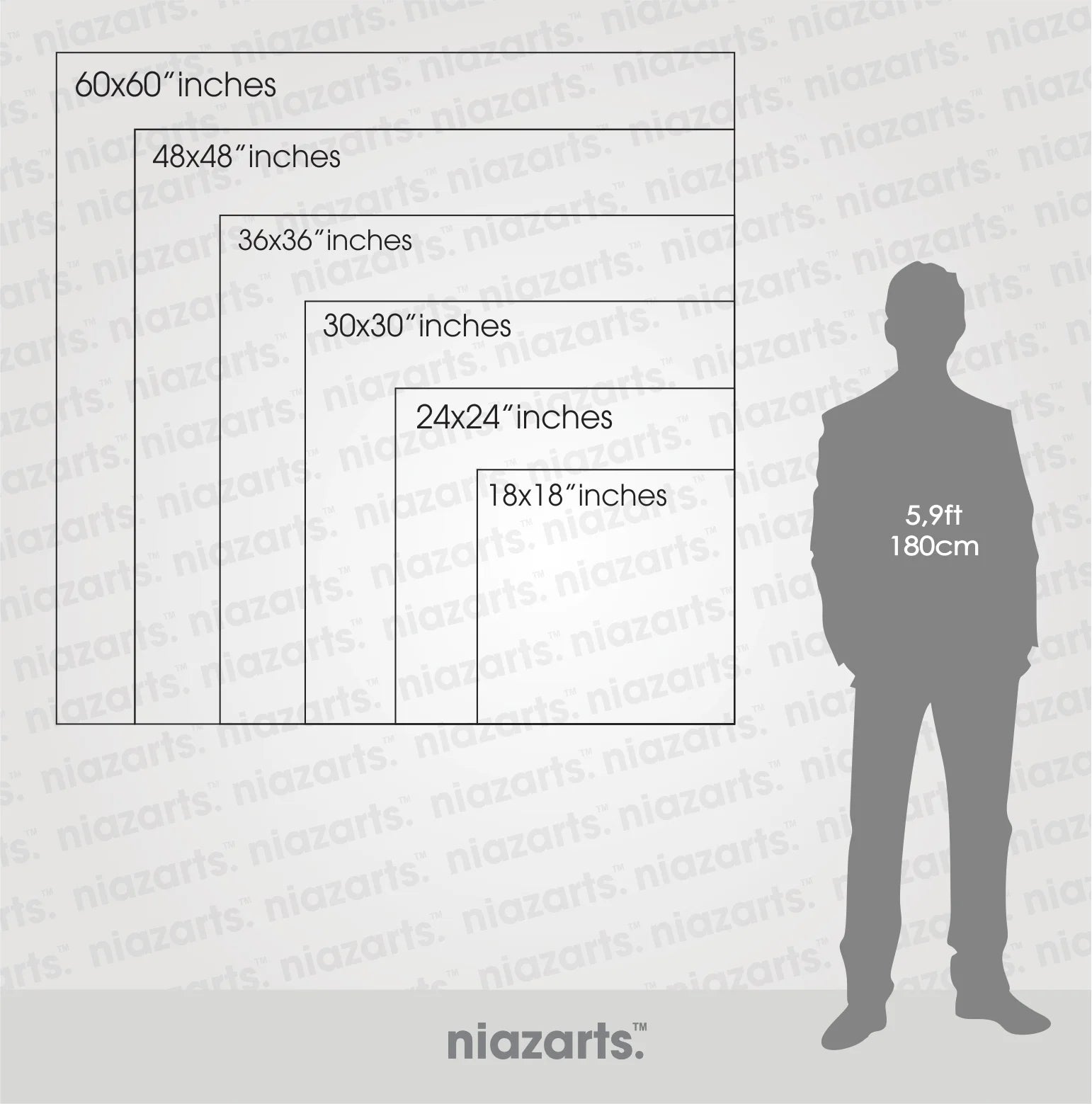 Niazarts size chart showing various poster dimensions with a silhouette of a person for scale.