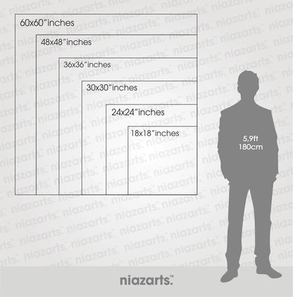 Niazarts size chart showing various poster dimensions with a silhouette of a person for scale.