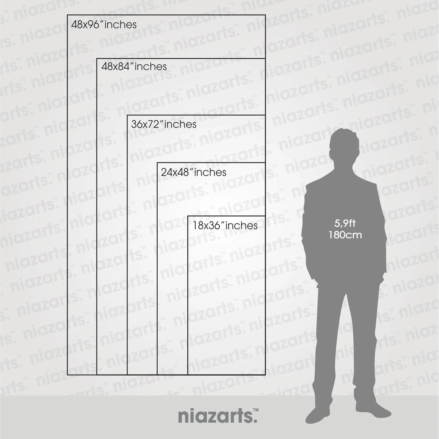 Niazarts vertical size chart with various dimensions and a silhouette of a person for scale.