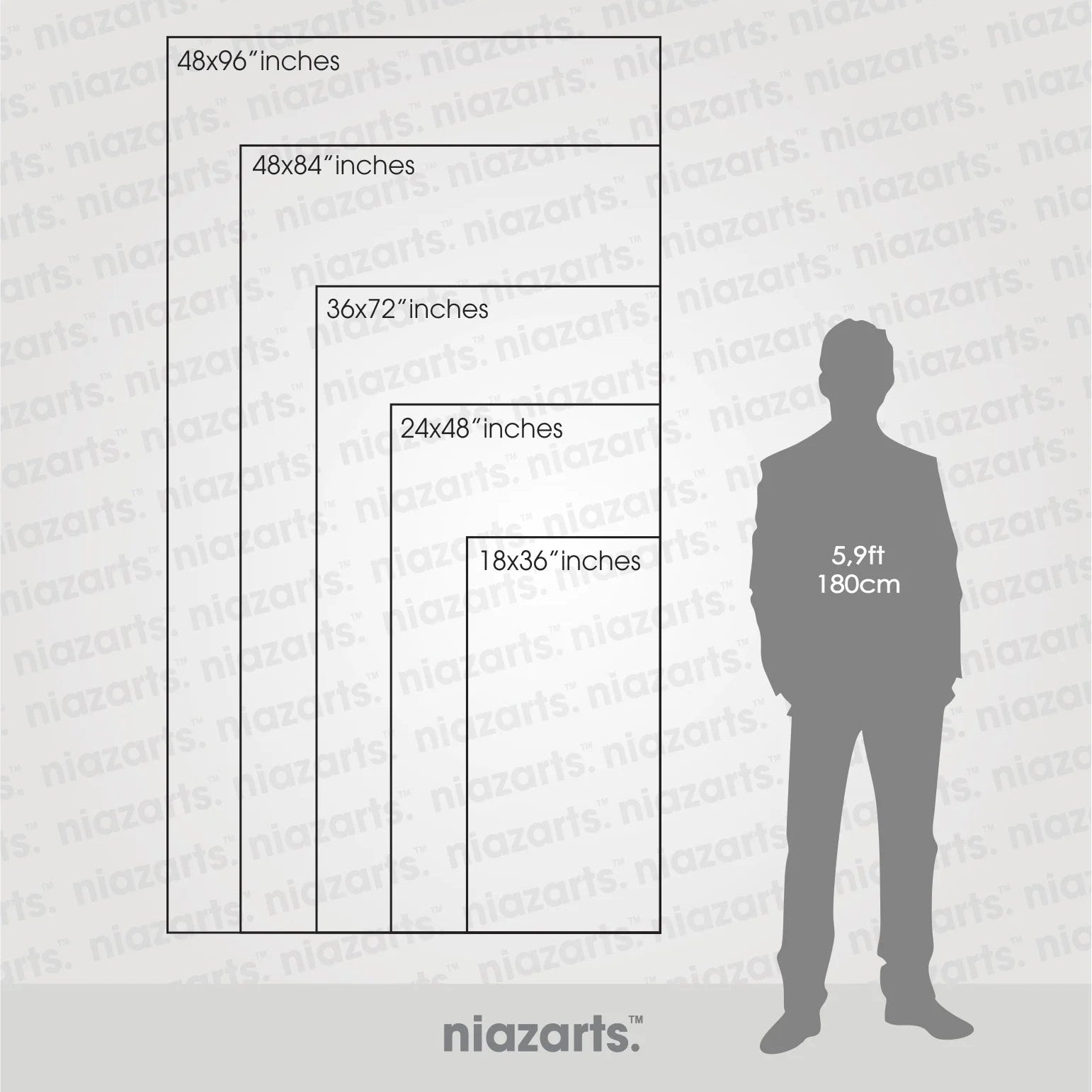 Niazarts vertical size chart with various dimensions and a silhouette of a person for scale.
