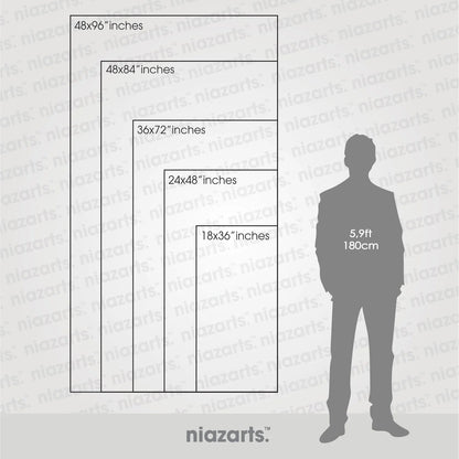 Niazarts vertical size chart with various dimensions and a silhouette of a person for scale.