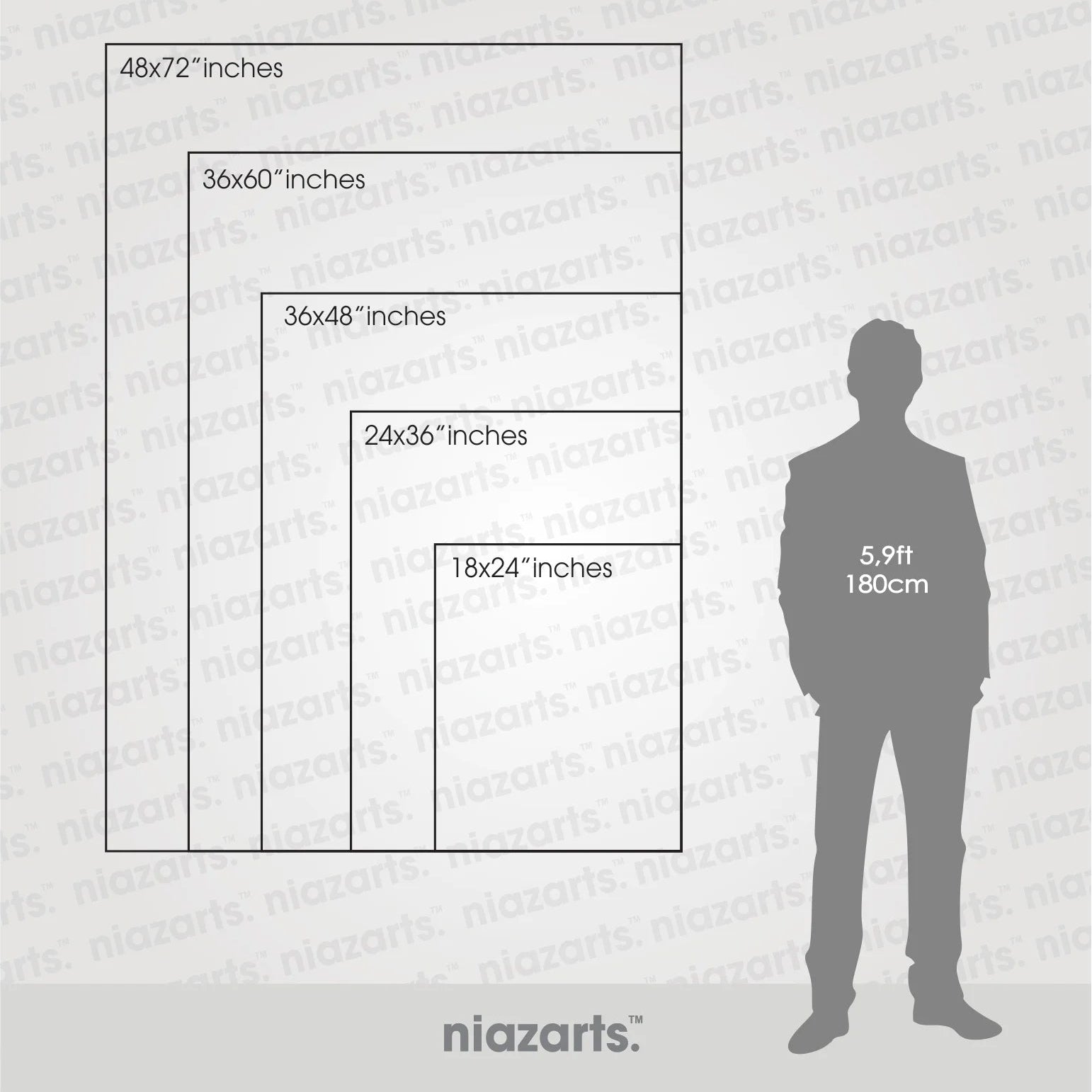 Niazarts vertical size chart with various dimensions and a silhouette of a person for scale.