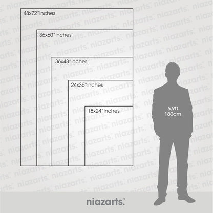 Niazarts vertical size chart with various dimensions and a silhouette of a person for scale.