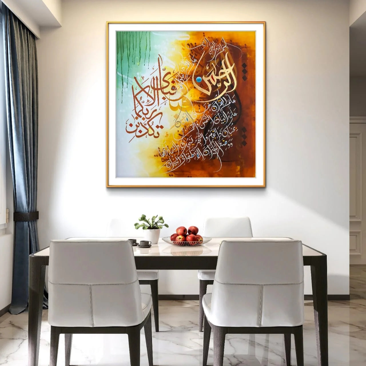 Dining room with a colorful abstract painting on the wall above a table with chairs.